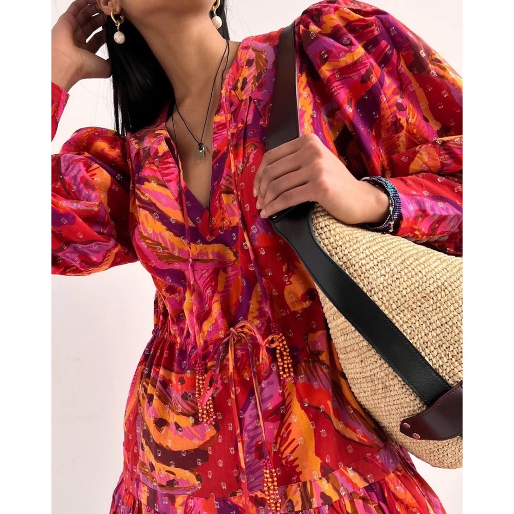 Farm Rio Red Banana Metallic Long Sleeve Mini Dress NWT M L - Picture 5 of 12